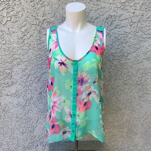 Candies Kohls Neon Green Floral Sheer Button Down Tank Top Pleated Blouse Shirt